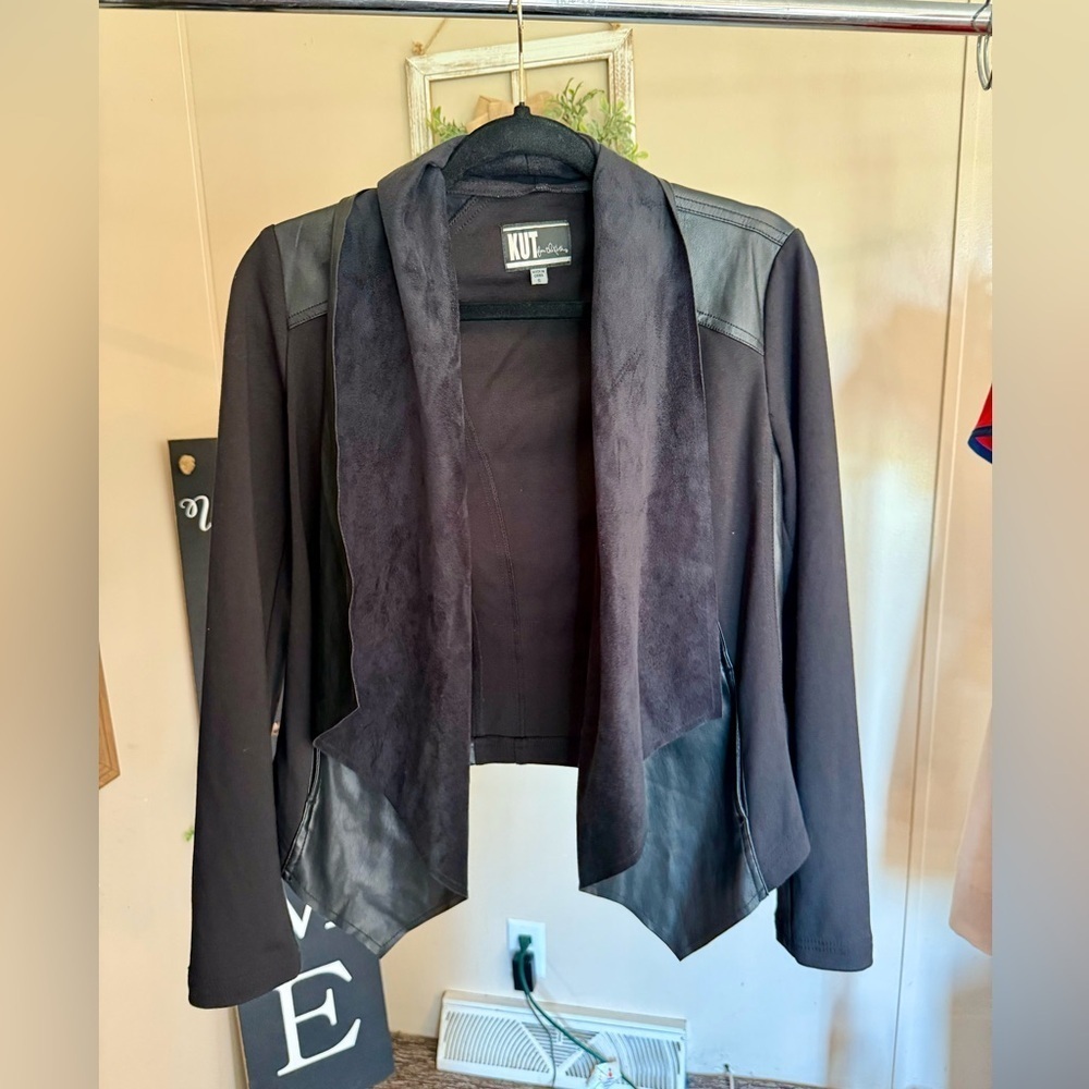 Kut From The Cloth Ana Faux Leather Drape Open Jacket Black Size Small